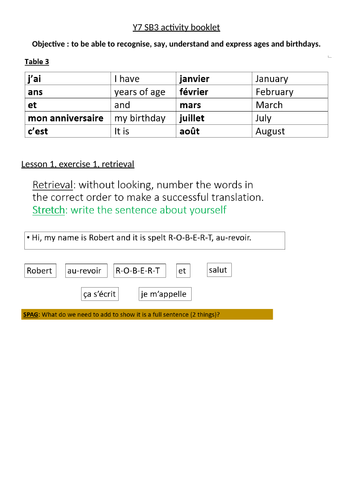 y7 SB3- Quel âge as-tu et quelle est la date de ton anniversaire? 4 lessons and more