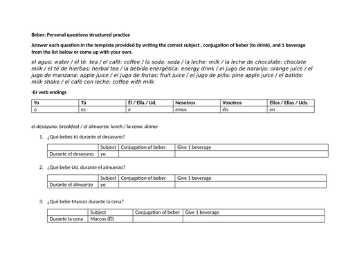 Beber: Personal questions structured practice