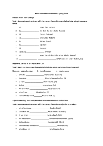 KS3 German grammar revision sheet & test