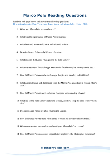 Marco Polo Reading Questions Worksheet
