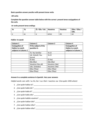 Basic question answer practice with present tense verbs