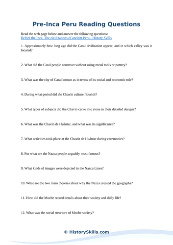 Pre-Inca Peru Civilizations Reading Questions Worksheet