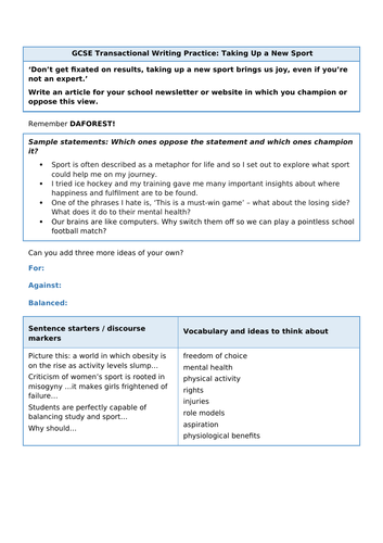 GCSE Transactional Writing: Taking Up a New Sport