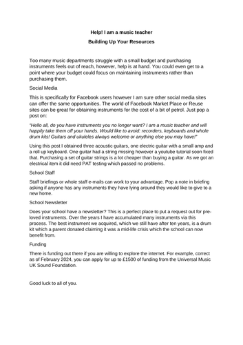 Help! I am a music teacher.  Building Up Your Resources