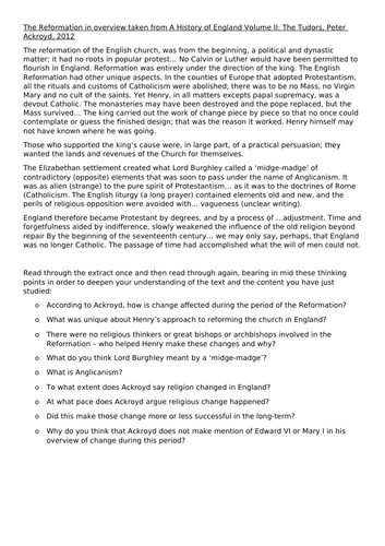 Tudor 16 - Significance of Religious Settlement