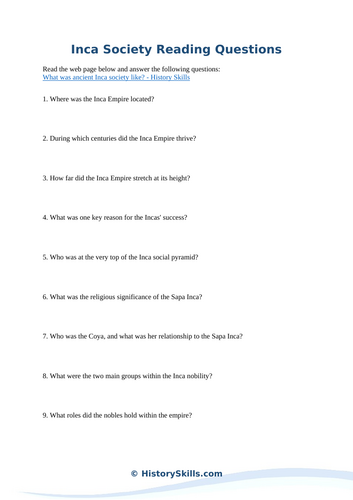 Inca Society Reading Questions Worksheet