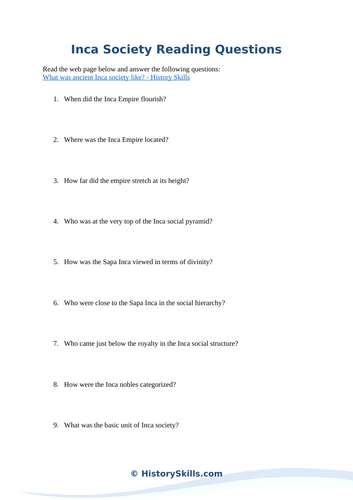 Inca Society Reading Questions Worksheet