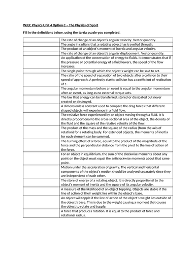 WJEC  A Level Physics - The Physics of Sport Definitions Task