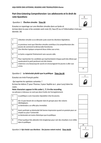 AQA-Practice Paper 1-A level French-Les adolescents et la politique