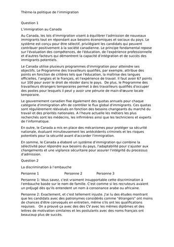 AQA-Practice Paper 1-A level French-La politique de l'immigration