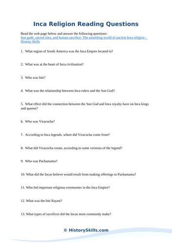 Inca Religion Reading Questions Worksheet