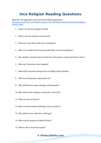 Inca Religion Reading Questions Worksheet