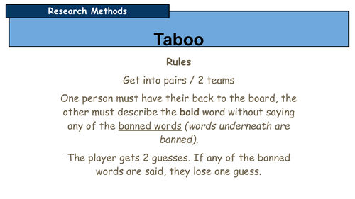Research methods revision activity taboo