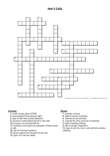 National 5 Biology Cells 1.1 Crossword