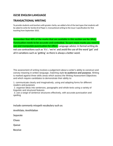 English Language revision Transactional Writiing - Speech, Review, Letter and more