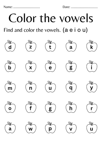 Colour the vowels worksheets for kindergarten - a e i o u vowels coloring sheets