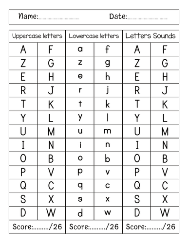 Uppercase and lowercase Letters Recognition Assessment Sheet