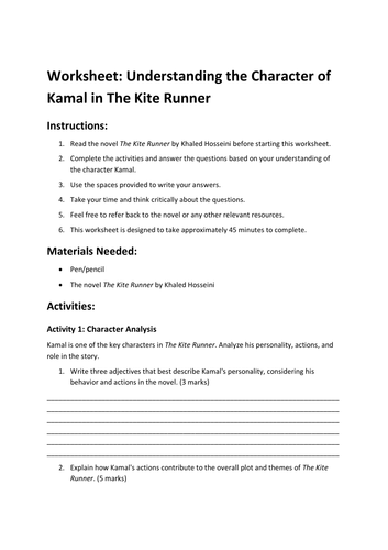Worksheet: Understanding the Character of Kamal in The Kite Runner