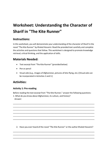 Worksheet: Understanding the Character of Sharif in "The Kite Runner"