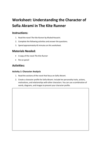 Worksheet: Understanding the Character of Sofia Akrami in The Kite Runner
