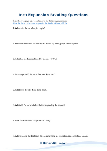 Inca Expansion Reading Questions Worksheet