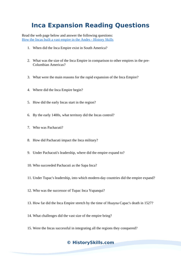 Inca Expansion Reading Questions Worksheet