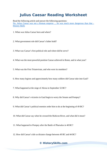 Julius Caesar Reading Worksheet