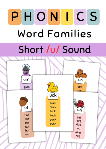 Phonics. Word Families Short /u/ Sound Reading cards.