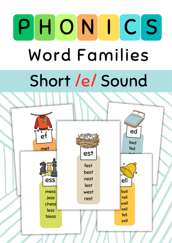 Phonics. Word Families Short /e/ Sound Reading Cards.