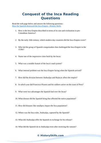 Conquest of the Inca Reading Questions Worksheet