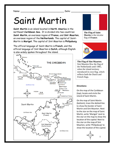 Saint Martin Introductory Geography Printable Worksheet with Map and Flag