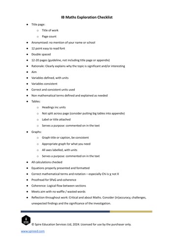 IB Maths IA Exploration checklist