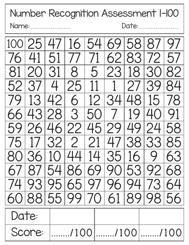 Number Recognition Assessment 1-100