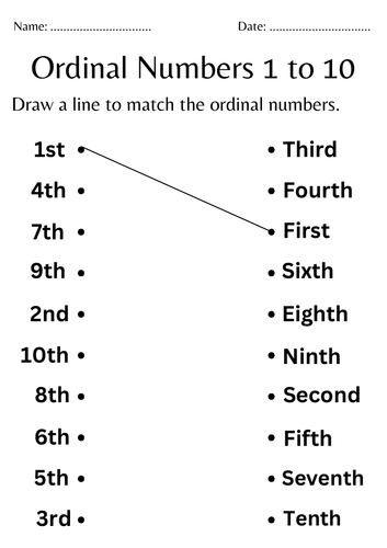 Ordinal numbers 1 to 10 worksheet for kindergarten - Writing ordinal number 1-10