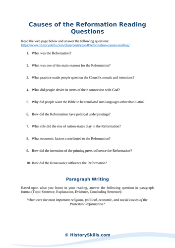 Causes of the Reformation Reading Questions Worksheet