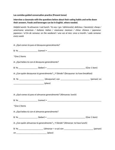 Las comidas guided conversation practice (Present tense)