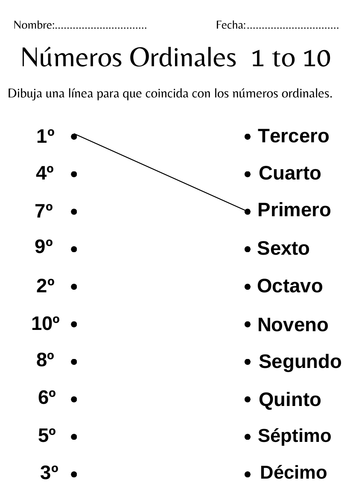 Números ordinales del 1 al 10 - Actividad de escritura para kindergarten