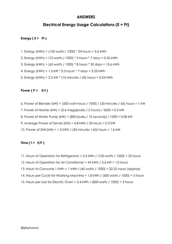 GCSE Physics Worksheets [E =Pt (kWh)] (Electrical Energy Usage) Calcualtions  w Solutions