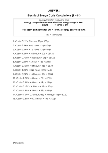 GCSE Physics Worksheet Electrical Energy Costs Calculations (kWh)  w Solutions