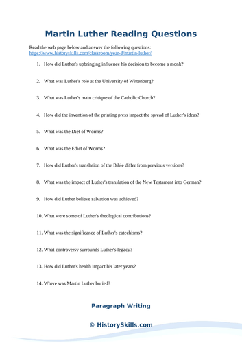 Martin Luther Reading Questions Worksheet