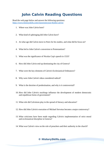 John Calvin Reading Questions Worksheet