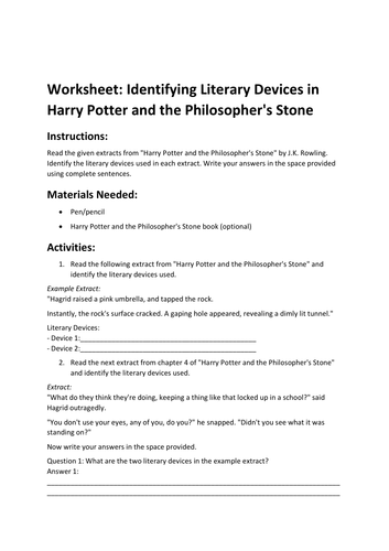 Worksheet: Identifying Literary Devices in Harry Potter and the Philosopher's Stone