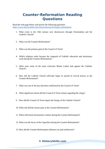 Catholic Counter-Reformation Reading Questions Worksheet