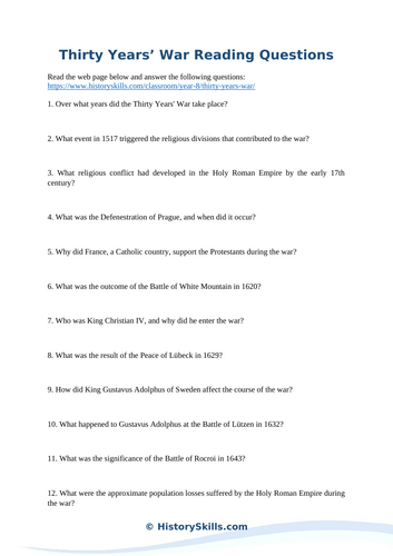 Thirty Years’ War Reading Questions Worksheet