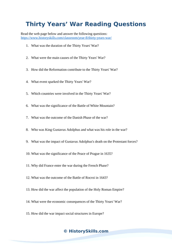 Thirty Years’ War Reading Questions Worksheet