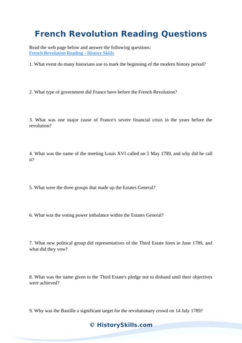 French Revolution Reading Questions Worksheet