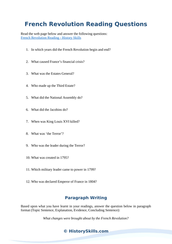 French Revolution Reading Questions Worksheet