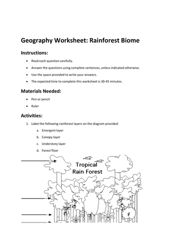 Geography Worksheet: Rainforest Biome