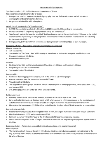 AQA A Level Geography Changing Place - Detroit (Far place) Knowledge Organiser