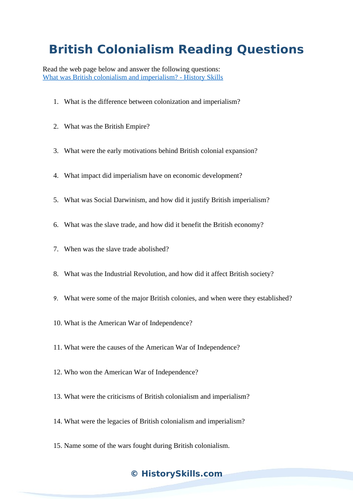 British Colonialism Reading Questions Worksheet